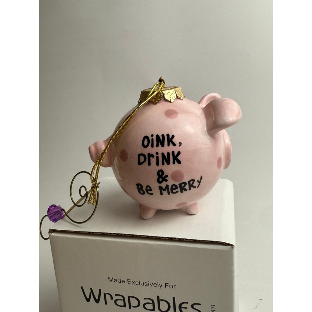 Wrapables Pig Ornament Oink Drink Be‎ Merry Pink Polka Dot Ceramic Christmas